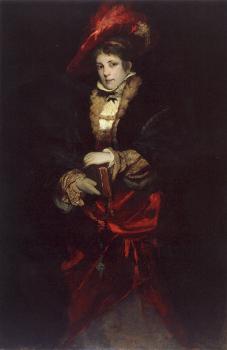 Hans Makart : Portrait of a Lady with Red Plumed Hat